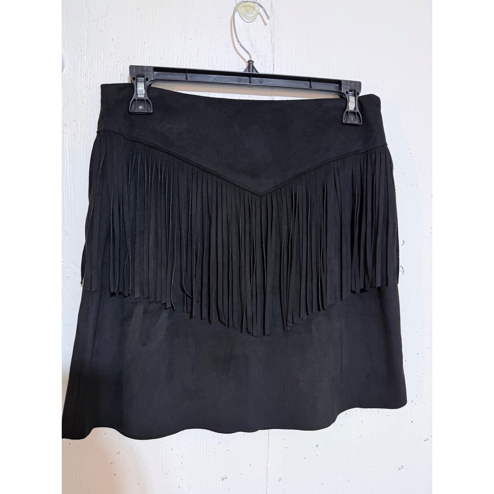 GB Black Faux Suede Fringe Mini Skirt Western Boho XS DLB015381